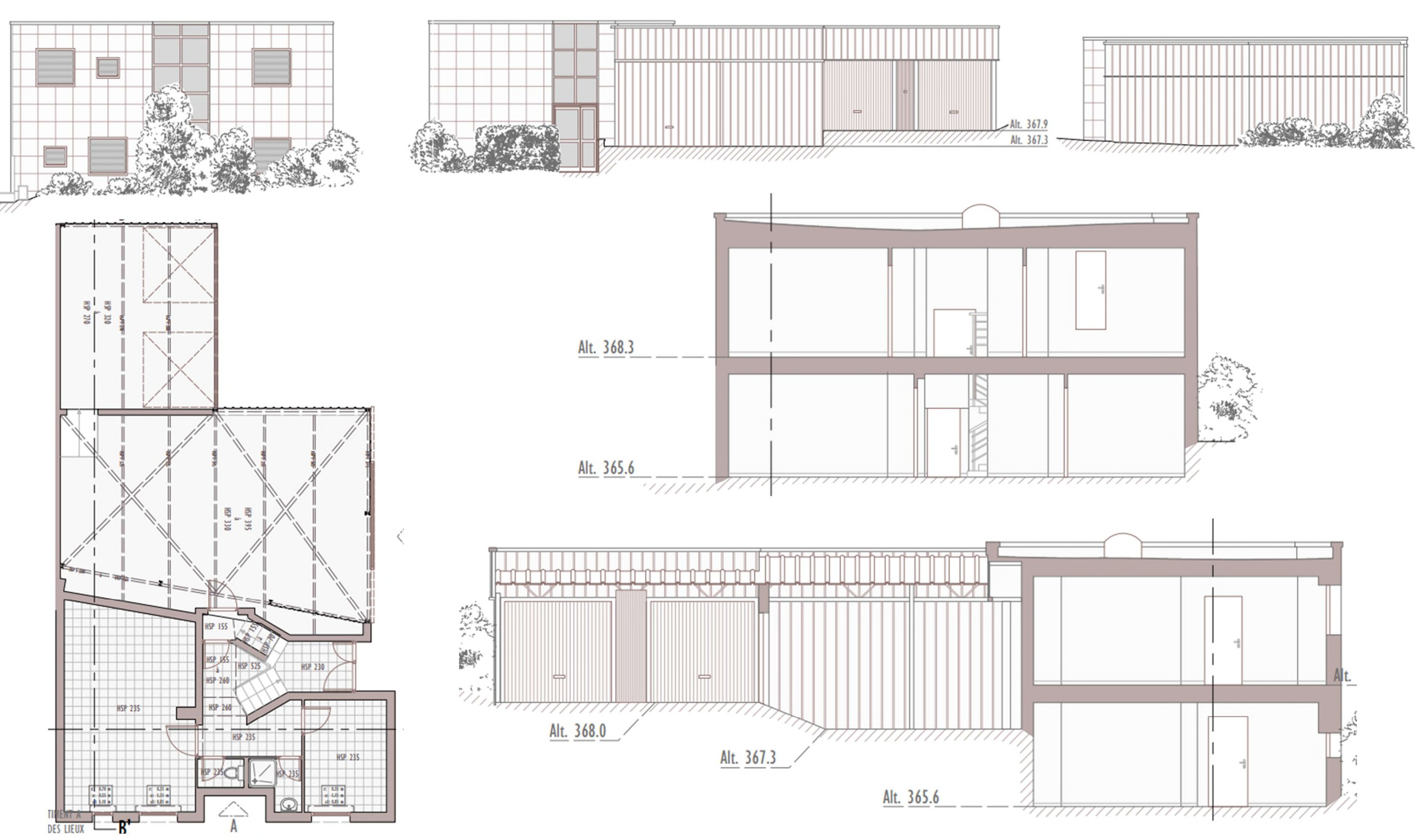 Plan intérieur et coupes d'un bâtiment