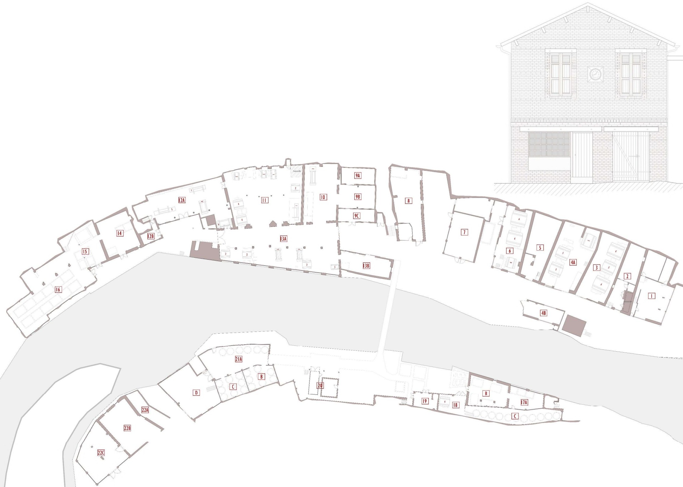 Plan de niveaux et de façades d'un ensemble bâti en bord de rivière